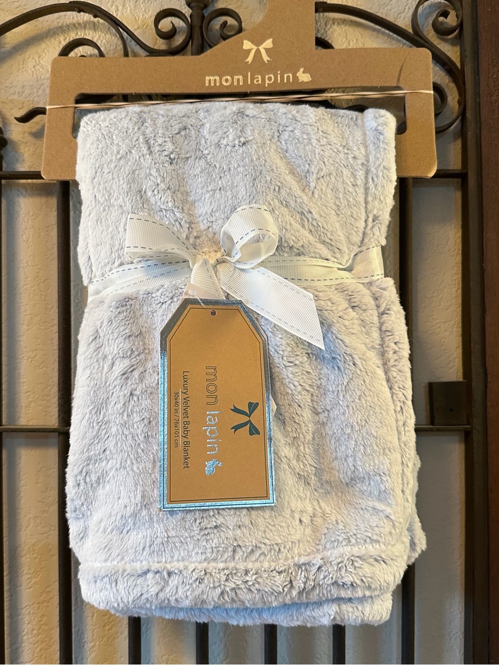 Mon Lapin Baby Luxury Plush Blanket in Pale Blue gray 30”x40” NWT